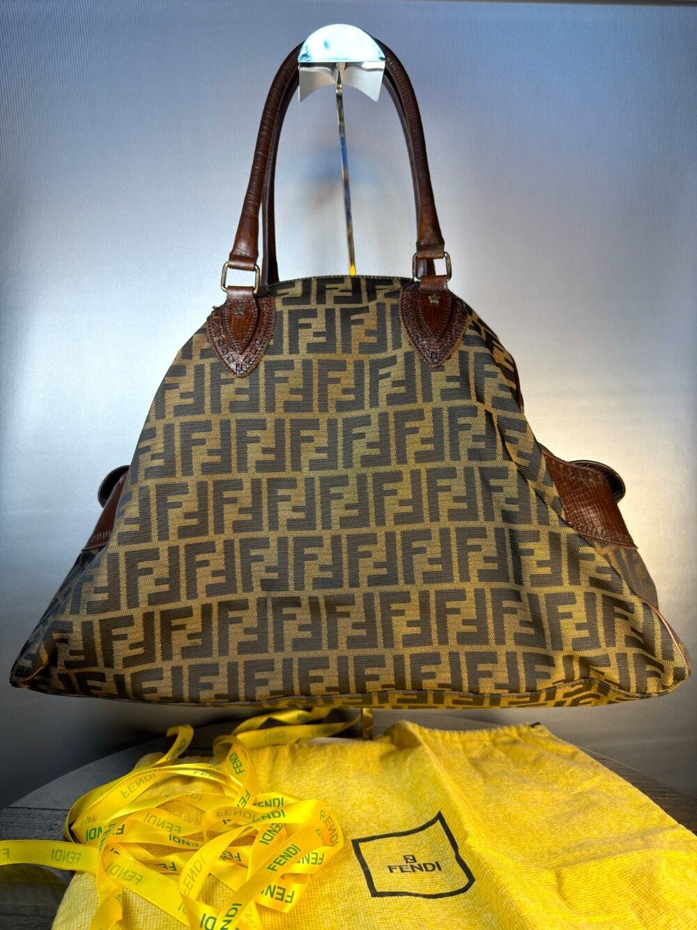 Authentic Fendi Zucca Monogram Trapeze Tote Bag Canvas Brown Vintage w/ Dust Bag